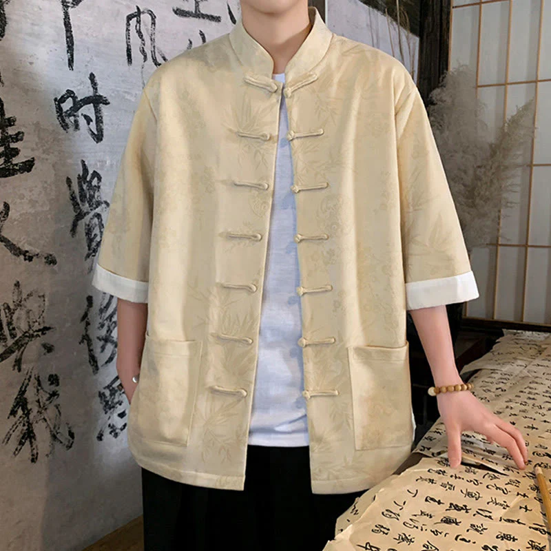 Buddha Stones Jacquard Bamboo Plum Bossom Pattern Chinese Frog-Button Design Men's Half Sleeve Cotton Shirt With Pockets