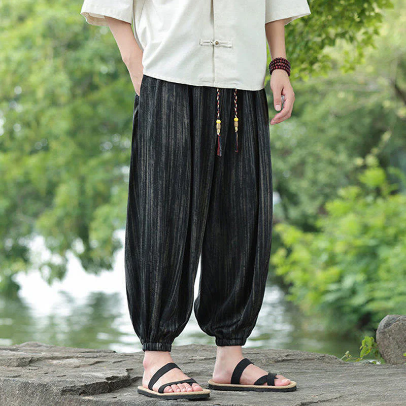 Buddha Stones Summer Black Stripes Drawstring Men's Harem Pants With Pockets