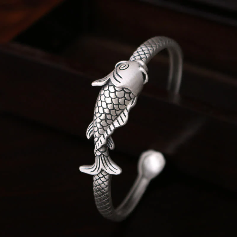 Buddha Stones 990 Sterling Silver Koi Fish Lotus Luck Wealth Bracelet Bangle