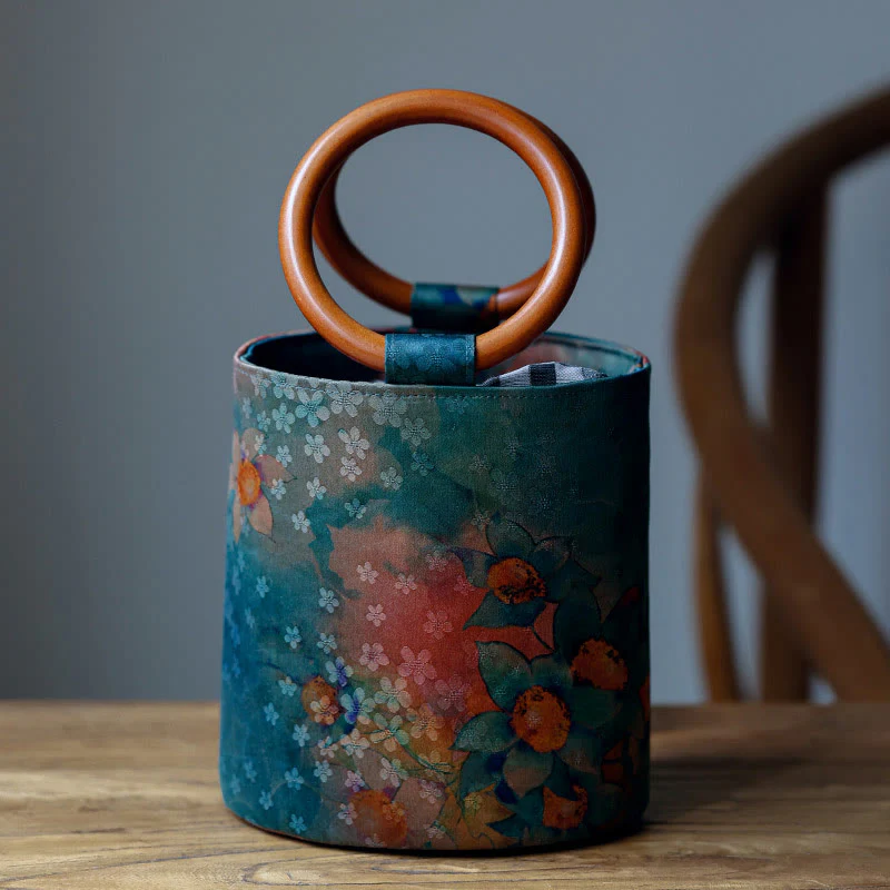 Buddha Stones Bamboo Leaf Butterfly Cherry Blossom Persimmon Wood Handle Handbag