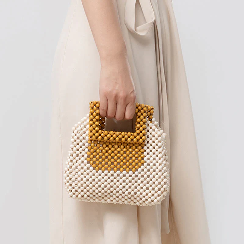 Buddha Stones Hand-woven Wooden Beads Square Tote Handbag