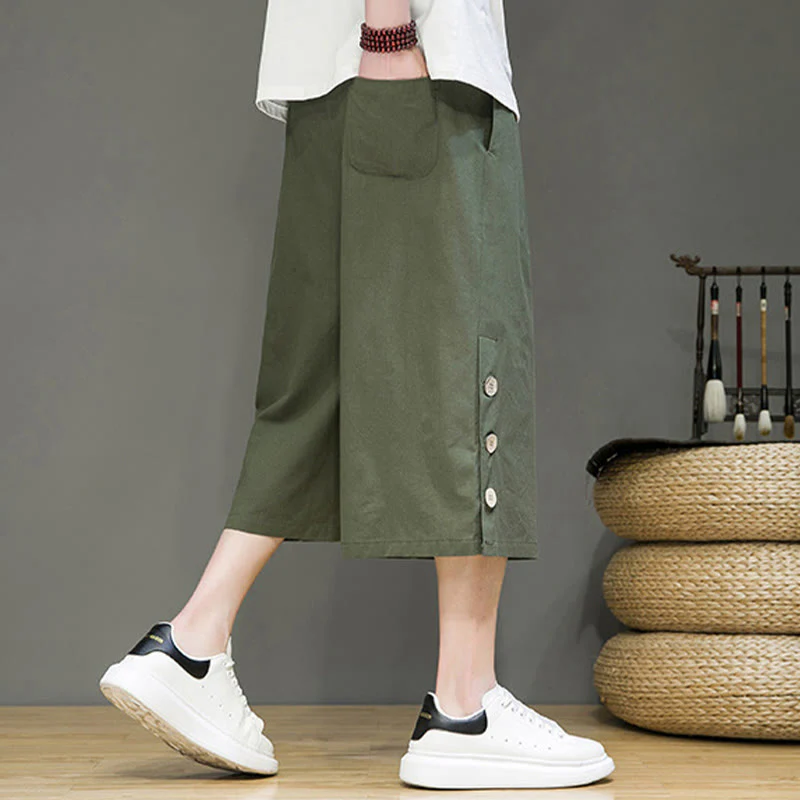 Buddha Stones Casual Plain Side Button Design Drawstring Men's Cotton Cropped Pants With Pockets