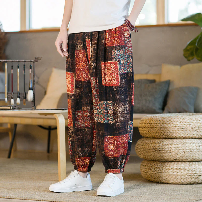 Buddha Stones Summer Square Patchwork Cotton Linen Men's Ankle-Length Harem Pants With Pockets