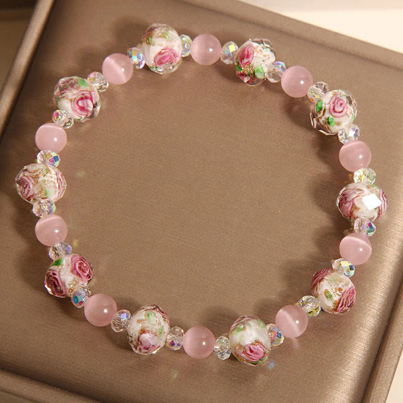 Buddha Stones Pink Crystal Liuli Glass Bead Cat's Eye Warmth Bracelet