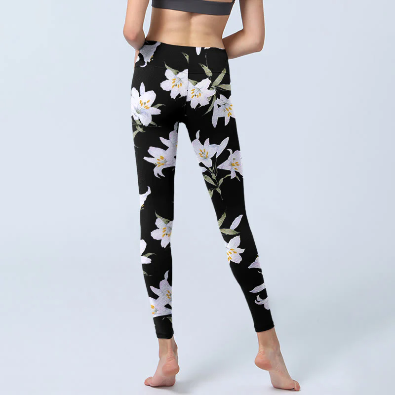 Buddha Stones Black Lily Flower Leaf Pattern Print Gym Leggings Women's Yoga Pants