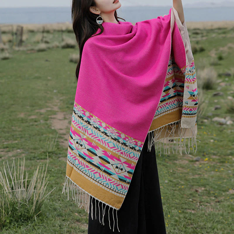 Buddha Stones Tibetan Geometric Rhombus Pattern Tassels Shawl Fall Winter Warm Cozy Scarf Wrap