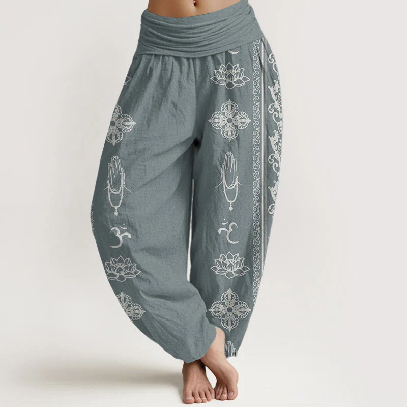 Buddha Stones Pure Cotton Lotus Flowers Double Dorje Vajra Namaste Om Design Women's Elastic Waist Harem Pants