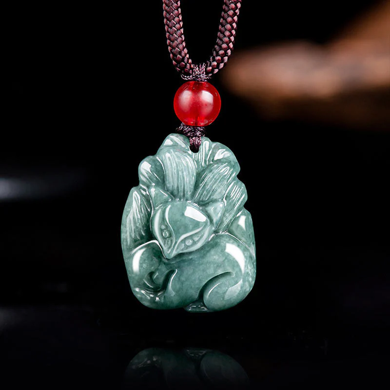 Buddha Stones Natural Green Jade Nine Tailed Fox Engraved Prosperity Necklace Pendant