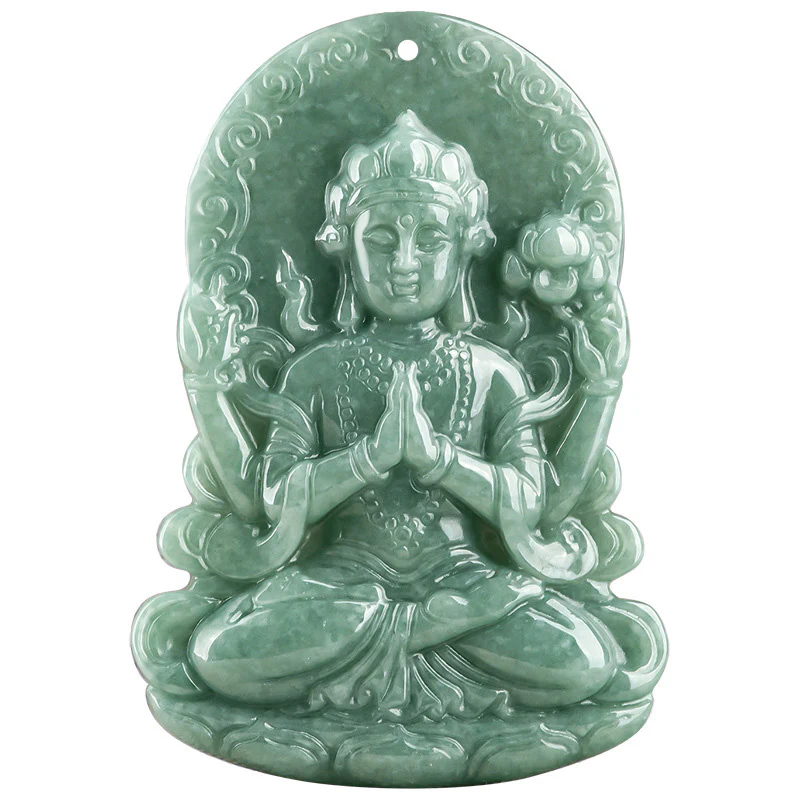 Buddha Stones Four-armed Avalokitesvara Natural Jade Amulet Blessing String Necklace