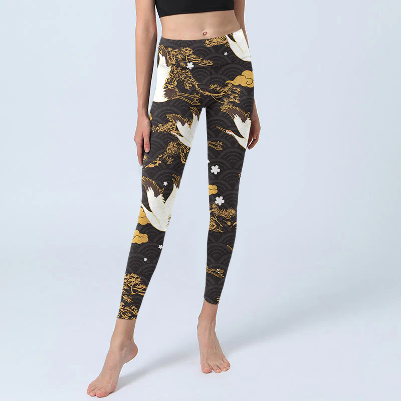 Buddha Stones Golden Auspicious Cloud Pine Branch Crane Wave Pattern Print Gym Leggings Women's Yoga Pants