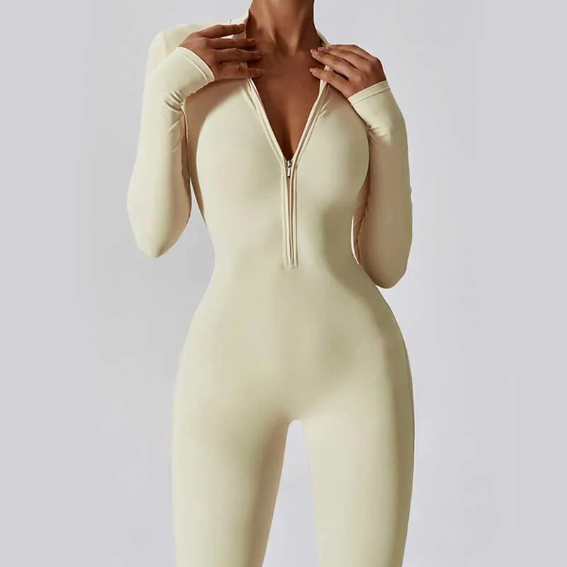 Buddha Stones Women Zipper Long Sleeve Shapewear Jumpsuit Sports Fitness Yoga Bodysuit