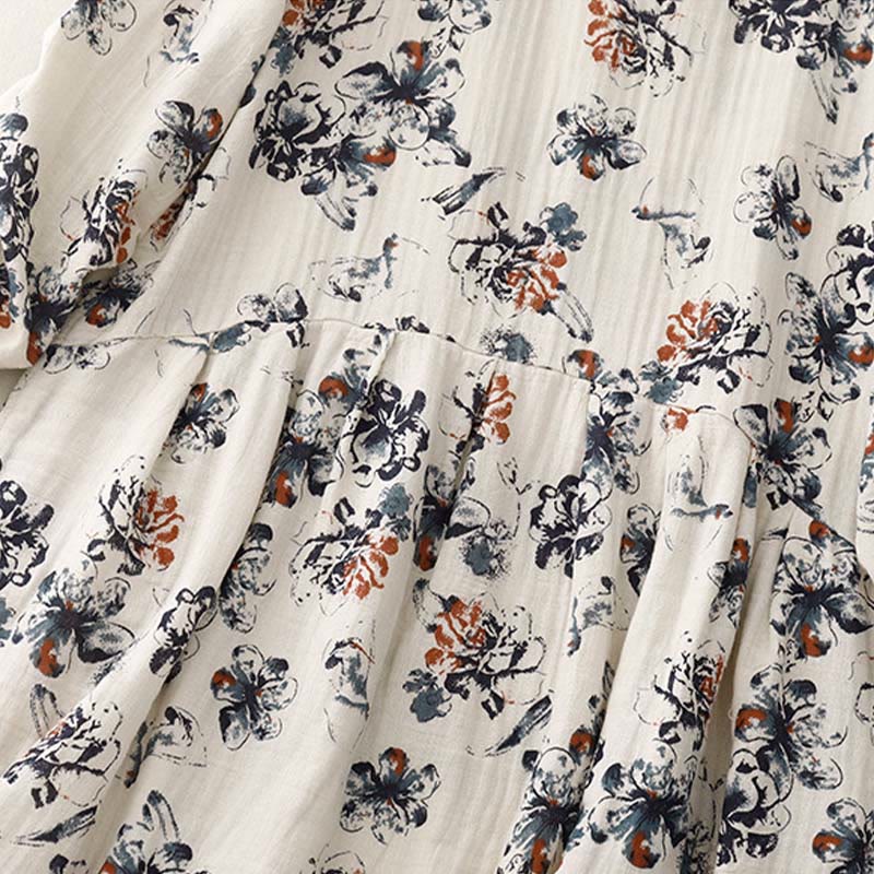 Buddha Stones Casual Small Floral Pattern Crew Neck Cotton Linen Midi Dress With Pockets