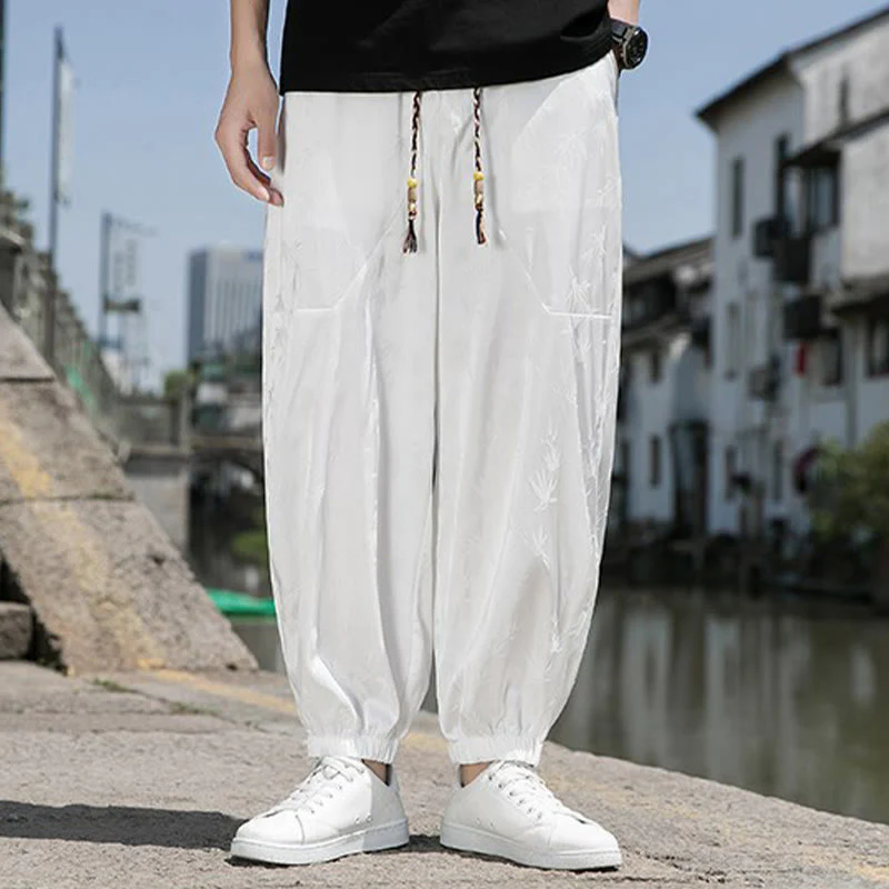 Buddha Stones Summer Ice Silk Jacquard Bamboo Pattern Men's Drawstring Cotton Pants With Pockets