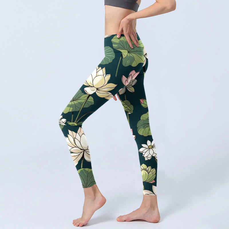 Buddha Stones Beige Pink Lotus Flowers Leaves Print Gym Leggings Women's Yoga Pants