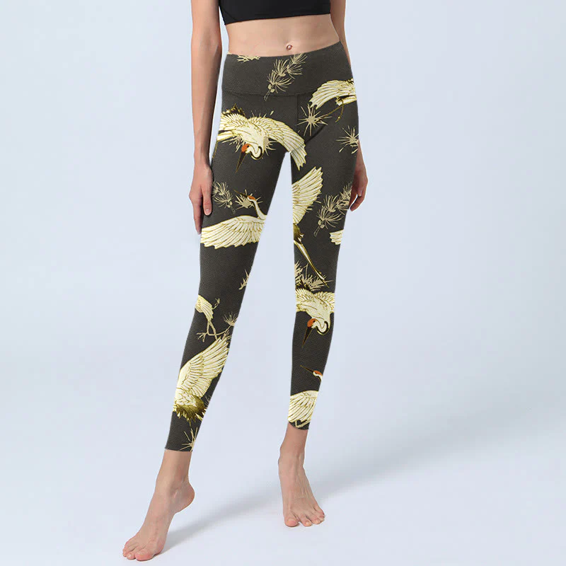 Buddha Stones Flying Red-crowned Crane Branch Pine Needles Pattern Print Gym Leggings Women's Yoga Pants