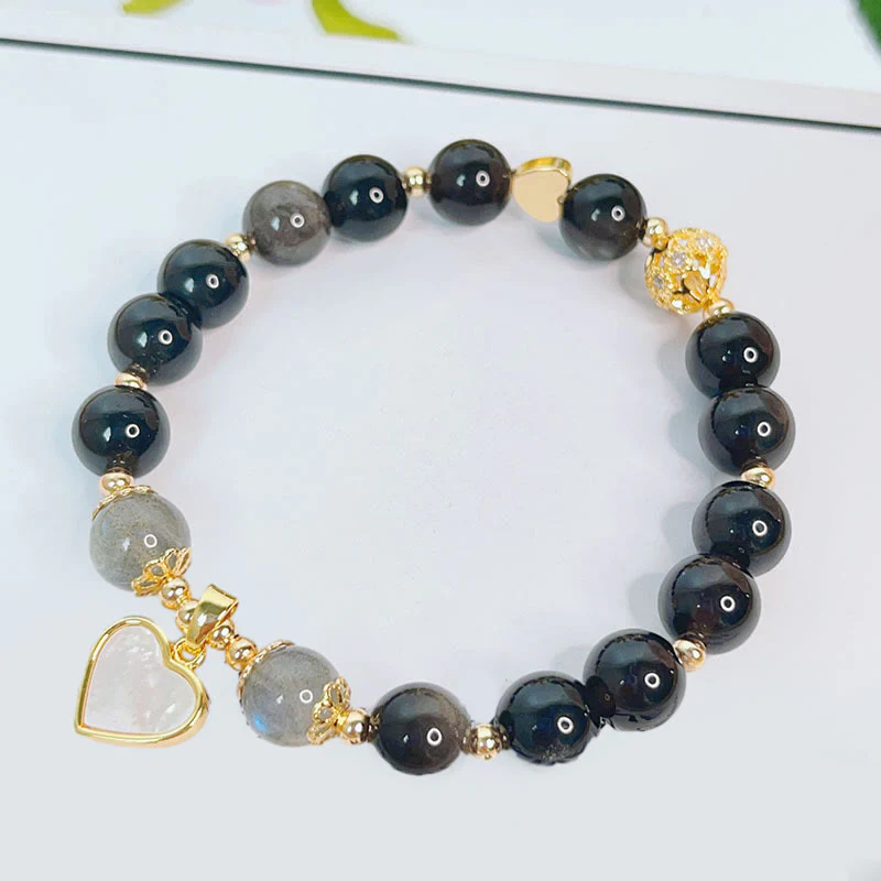 Buddha Stones Natural Silver Sheen Obsidian Love Heart Star Flower Protection Bracelet (Extra 30% Off | USE CODE: FS30)