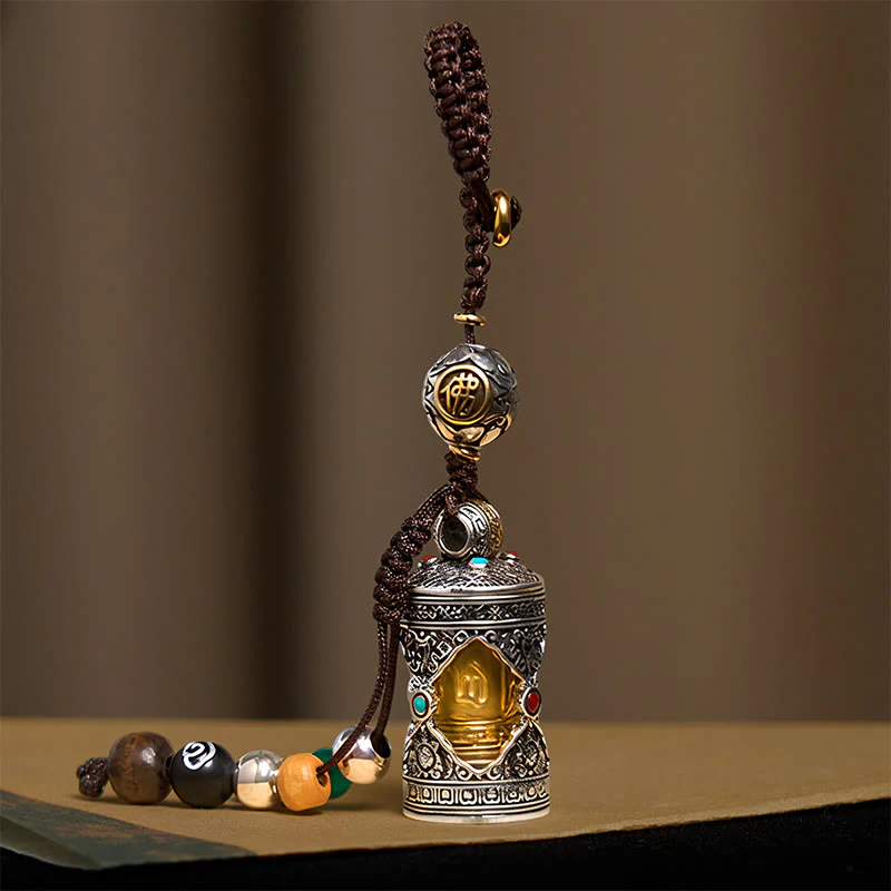 Buddha Stones Om Mani Padme Hum Ghau Prayer Box Copper Plated Silver Luck Key Chain