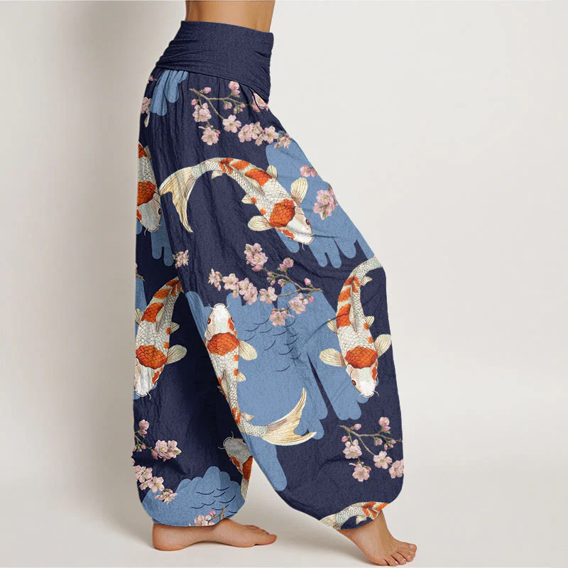 Buddha Stones Casual Koi Fish Cherry Blossom Pattern Women's Elastic Waist Harem Pants