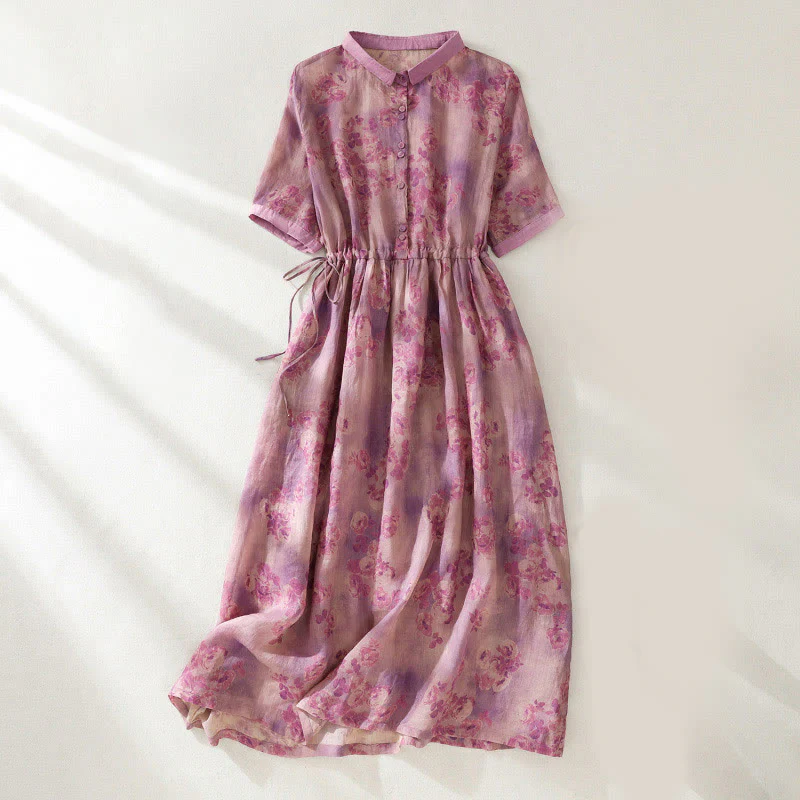 Buddha Stones Retro Printing Buttons Design Drawstring High Waist Cotton Midi Dress With Pockets