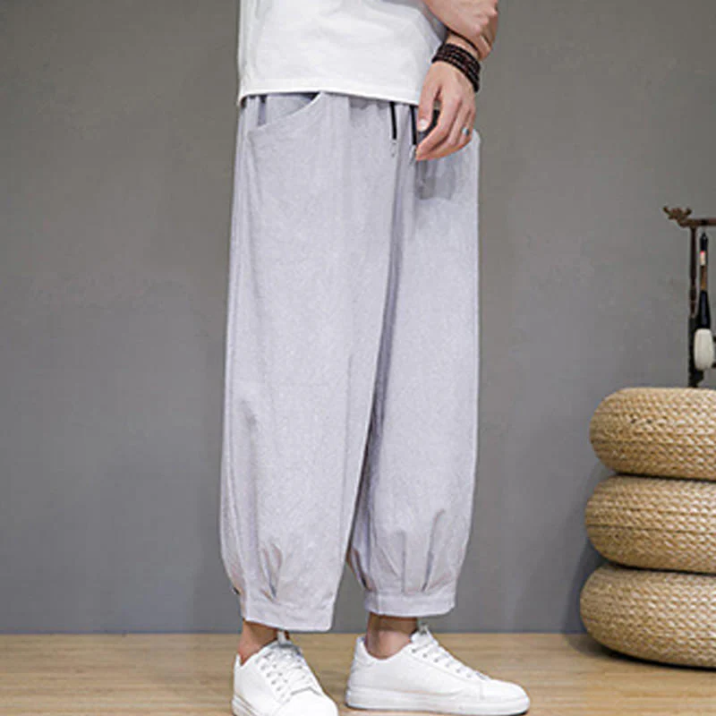 Buddha Stones Simple Cotton Men's Cropped Capri Harem Pants With Pockets