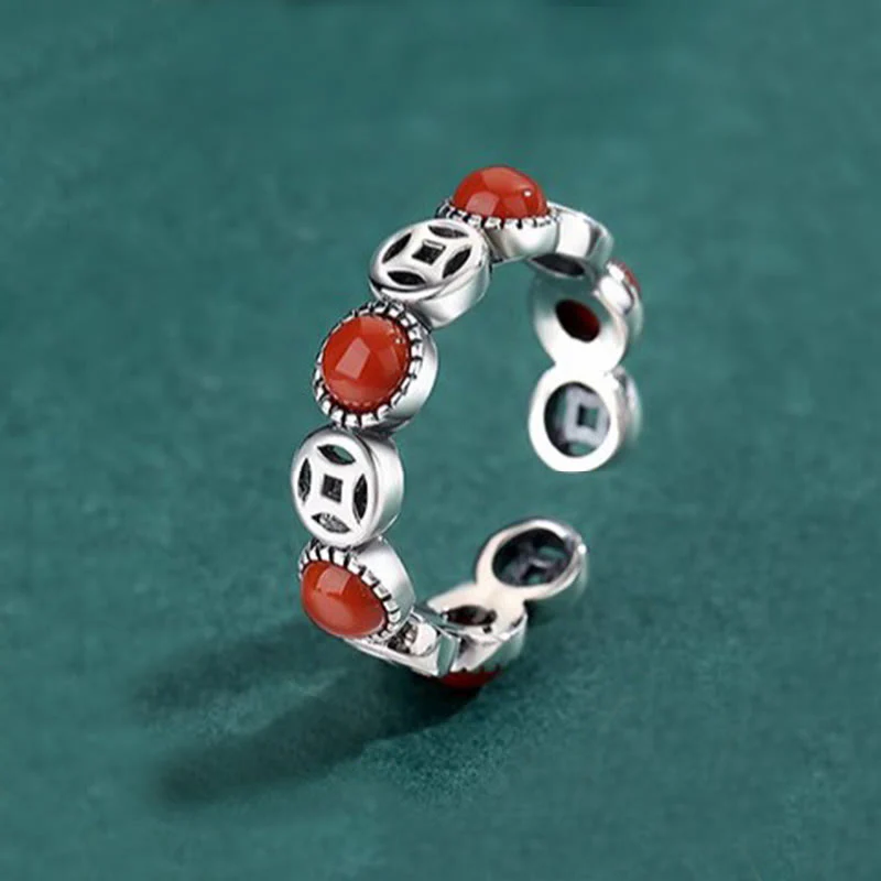 Buddha Stones Jade South Red Agate Copper Coin Prosperity Luck Open Ring