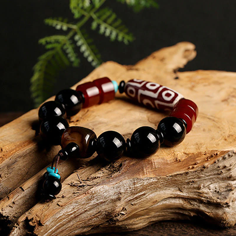 Buddha Stones Tibetan Nine-Eye Dzi Bead Black Onyx Wealth Protection Bracelet