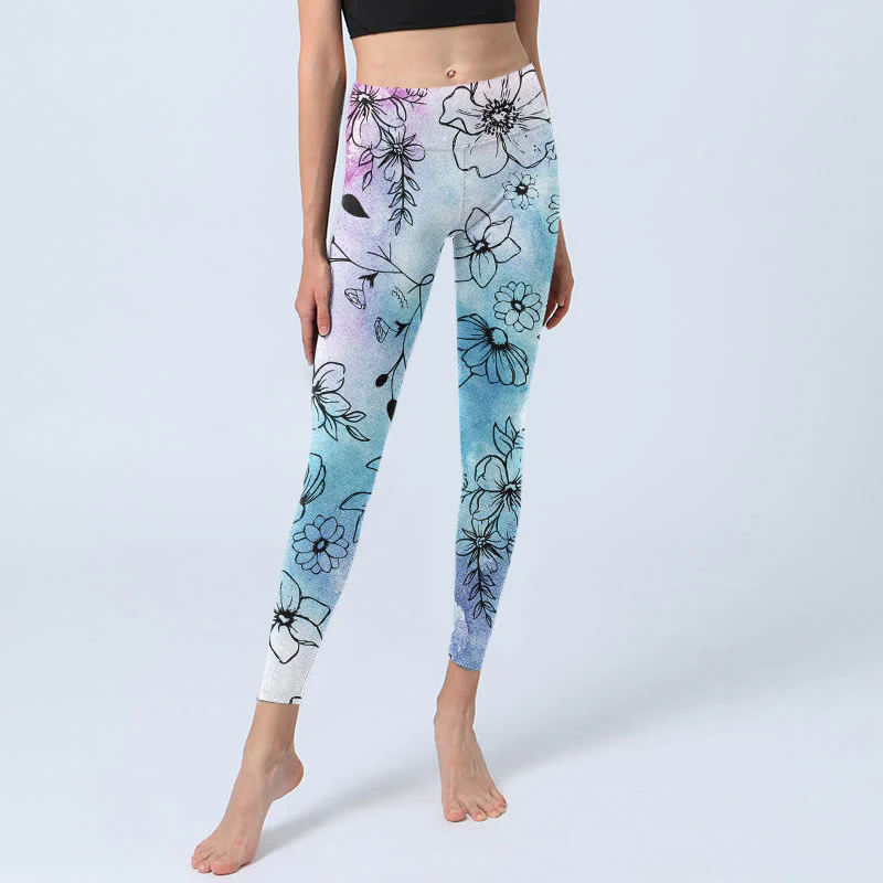 Buddha Stones Black Line-Drawn Flower Leaves Pattern Print Gym Leggings Women's Yoga Pants