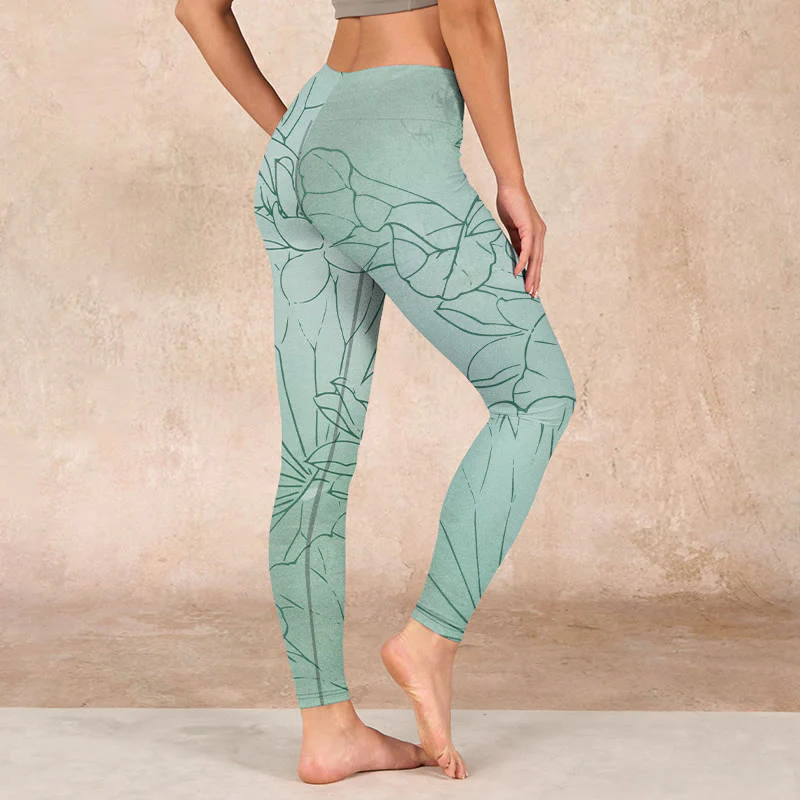 Buddha Stones Green Lotus Flower Print Sports Leggings Women's Yoga Pants