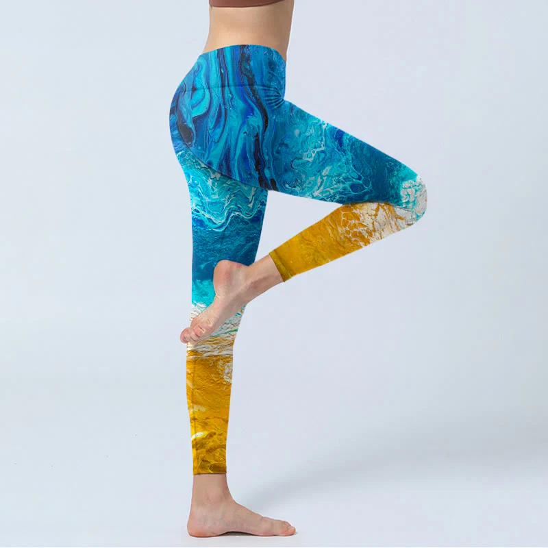 Buddha Stones Ocean Wave Golden Shore Pattern Print Gym Leggings Women's Yoga Pants