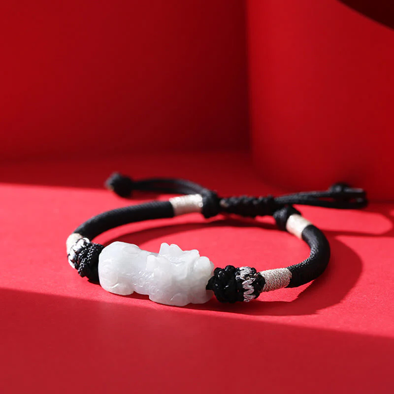 Buddha Stones Handmade Natural Jade PiXiu Luck Prosperity Braided String Bracelet