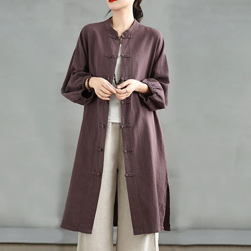 Buddha Stones Casual Frog-button Women's Cotton Linen Coat With Pockets
