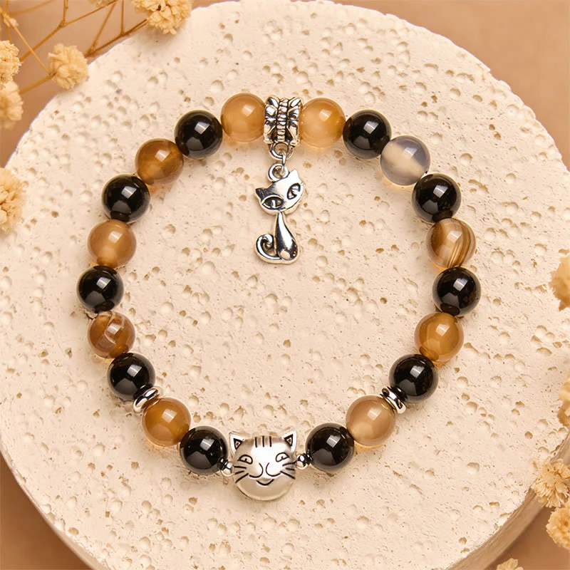Buddha Stones Tortoiseshell Cat Light Brown Striped Agate Black Onyx Protection Bracelet