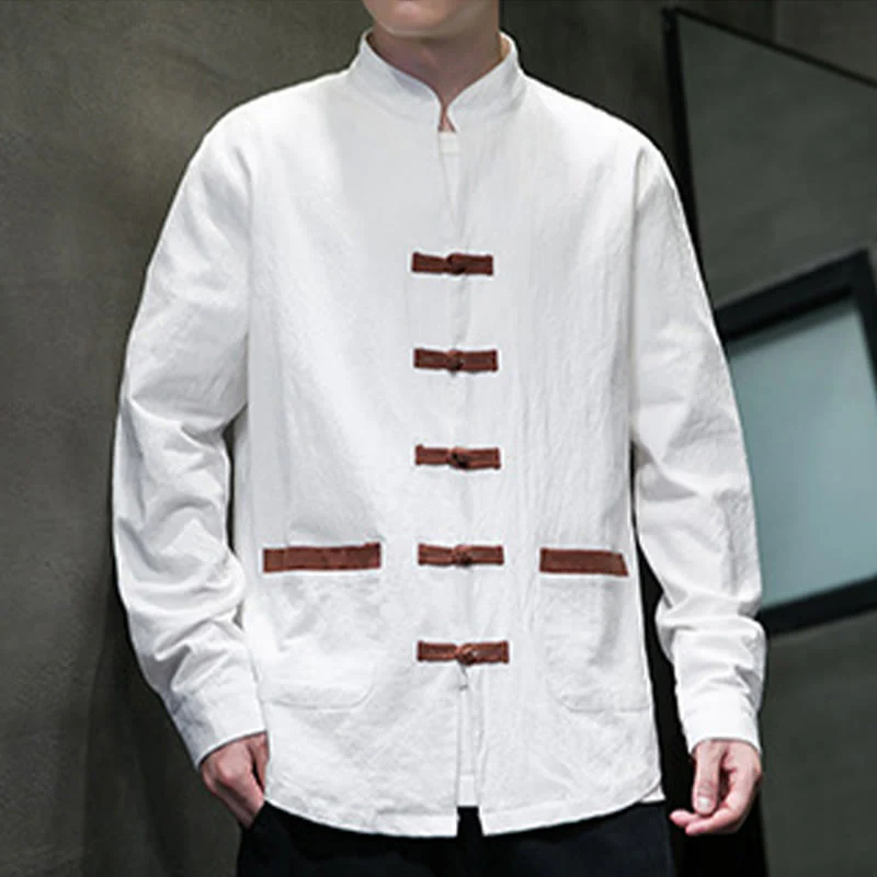 Buddha Stones Men's Stand Collar Frog-button Cotton Linen Long Sleeve Shirt With Pockets