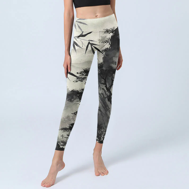 Buddha Stones Ink Bamboo Pine Mountains Print Gym Leggings Women's Yoga Pants