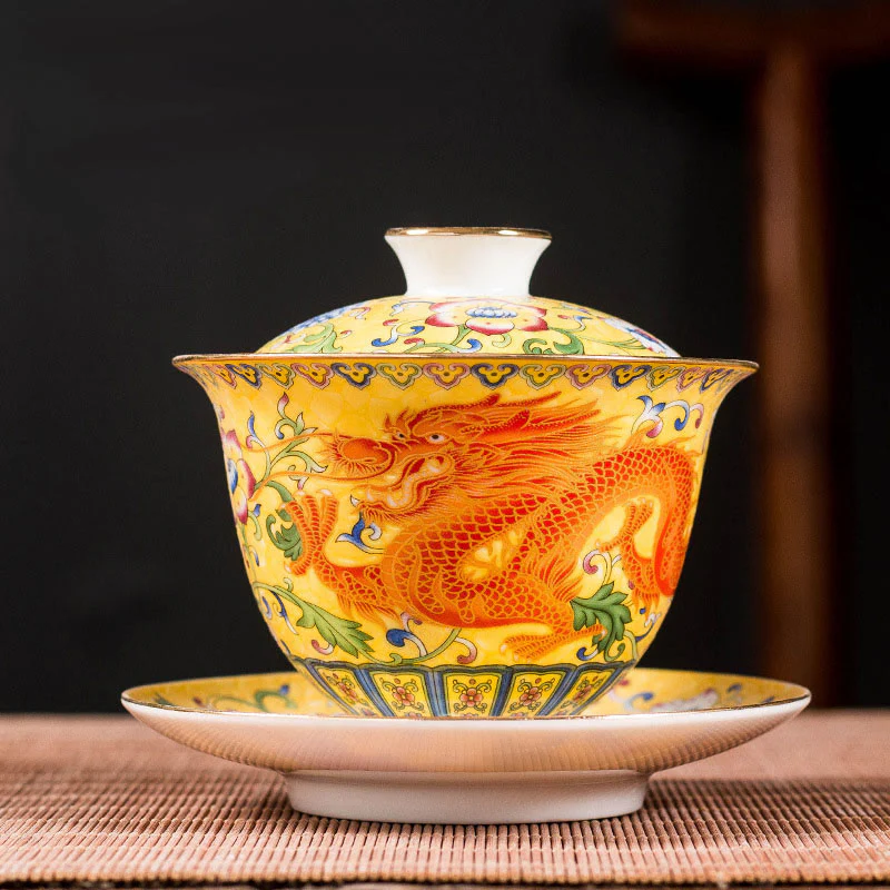 Buddha Stones Dragon Phoenix Flower Design Ceramic Gaiwan Sancai Teacup Kung Fu Tea Cup And Saucer With Lid