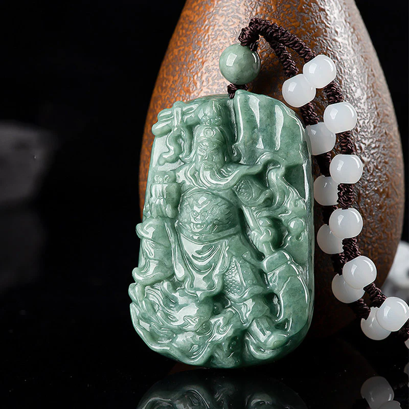 Buddha Stones Natural Jade Guan Gong Amulet Wealth Necklace Pendant