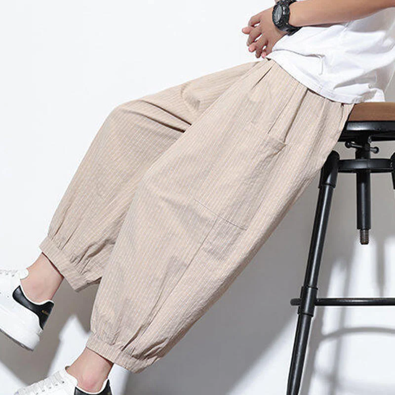 Buddha Stones Casual Striped Men's Cotton 7-8 Length Harem Pants With Pockets