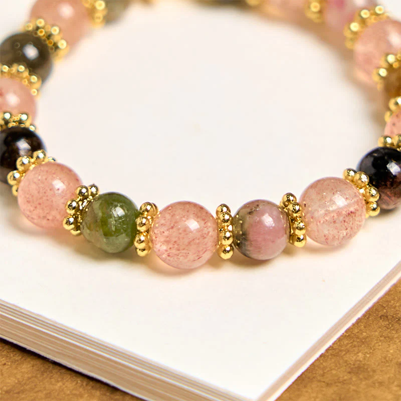 Buddha Stones Natural Strawberry Quartz Crystal Beads Positive Key Chain Phone Hanging Decoration