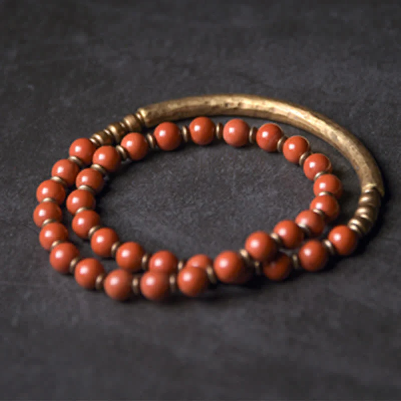 Buddha Stones Red Jasper Moss Agate Black Obsidian Crystal Copper Peace Couple Bracelet