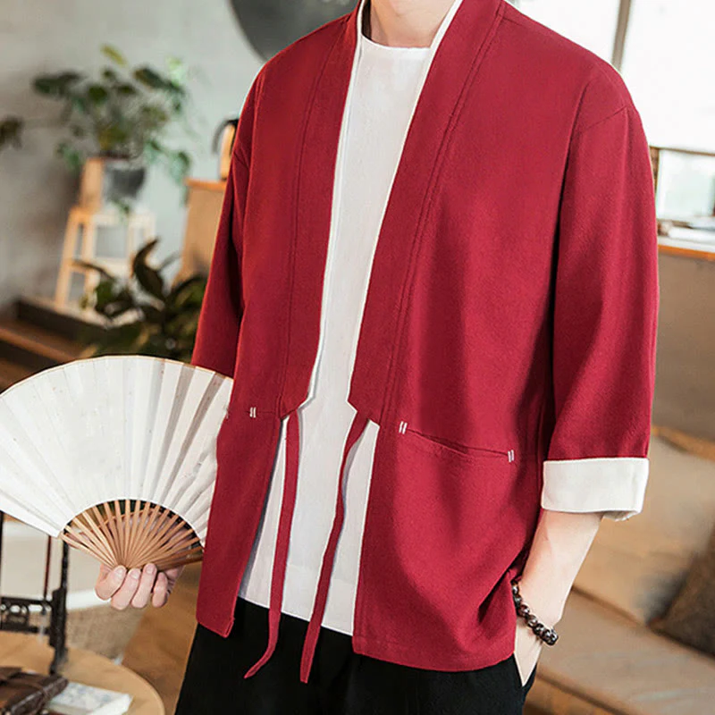 Buddha Stones Lace-Up Design Open Front Jacket Cotton Linen Men's Kimono With Pockets