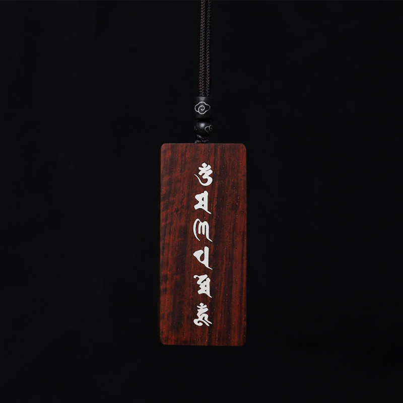 Buddha Stones 999 Sterling Silver Small Leaf Red Sandalwood Ebony Wood Om Mani Padme Hum Inlaid Protection Necklace Pendant