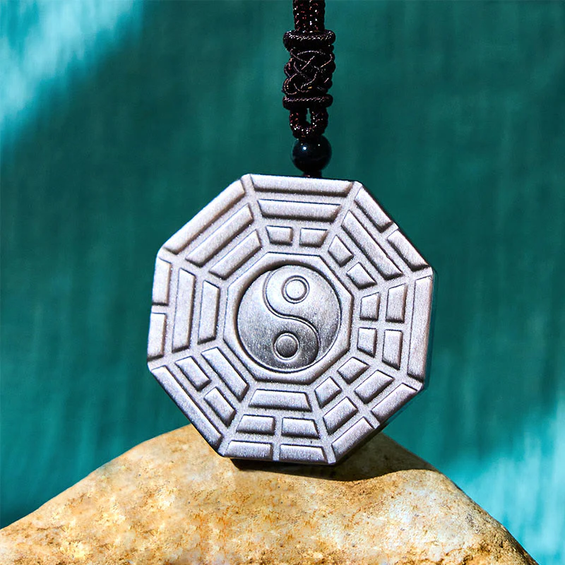 Buddha Stones Silver Sheen Obsidian Bagua Yin Yang Symbol Protection Necklace Pendant