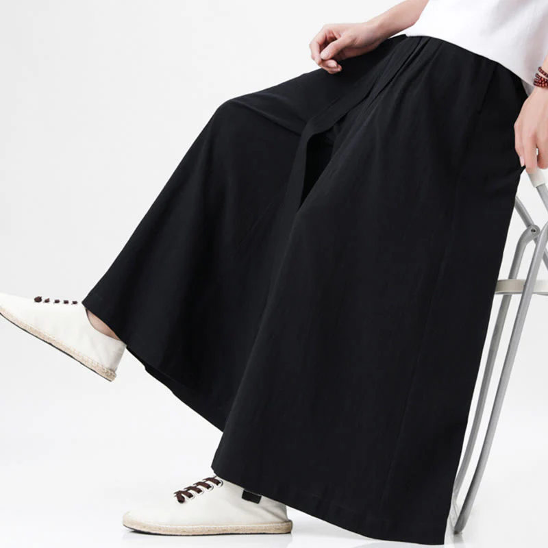 Buddha Stones Spring Casual Sports Drawstring Design Men's Cotton Linen Wide Leg Pants With Pockets