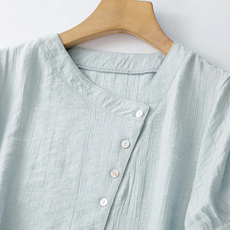 Buddha Stones Casual Plain Asymmetrical Lace-Up Design Puff Short Sleeve Women's Cotton Shirt