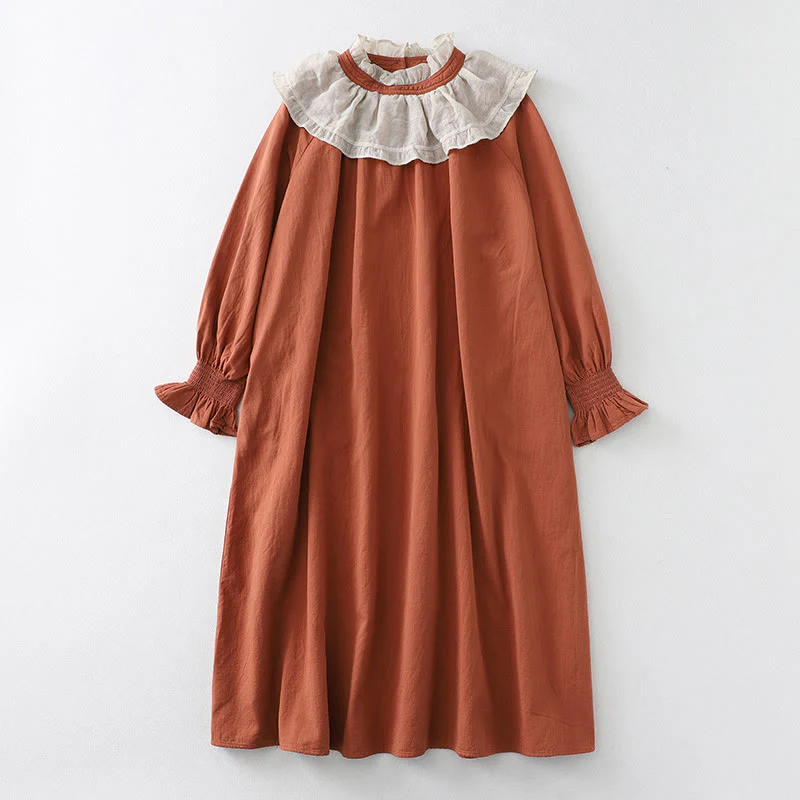 Buddha Stones Casual Ruffled Lace Patchwork Design Puff Sleeve Cotton Midi Dress With Pockets