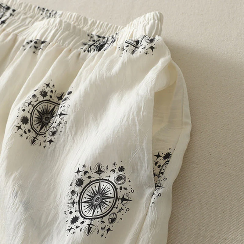 Buddha Stones Bohemian Printing Celestial Pattern Women's Wide Leg Cotton Pants With Pockets