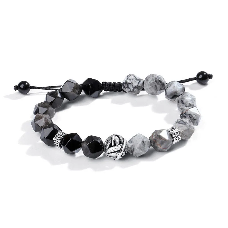 Buddha Stones Natural Irregular Cut Obsidian Grey Jasper 925 Sterling Silver Rolled Leaf Bead Protection Bracelet
