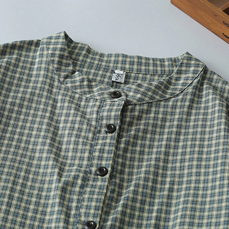 Buddha Stones Casual Plaid Buttons Lantern Long Sleeve Cotton Midi Dress