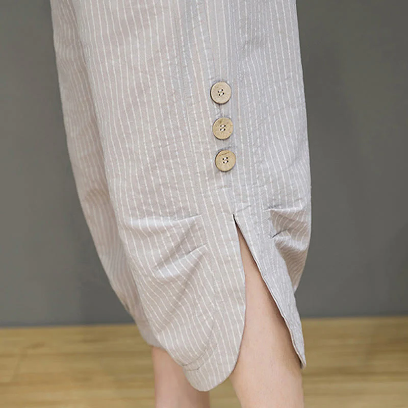 Buddha Stones Casual White Stripes Pattern Drawstring Button Design Men's Cotton Cropped Harem Pants With Pockets