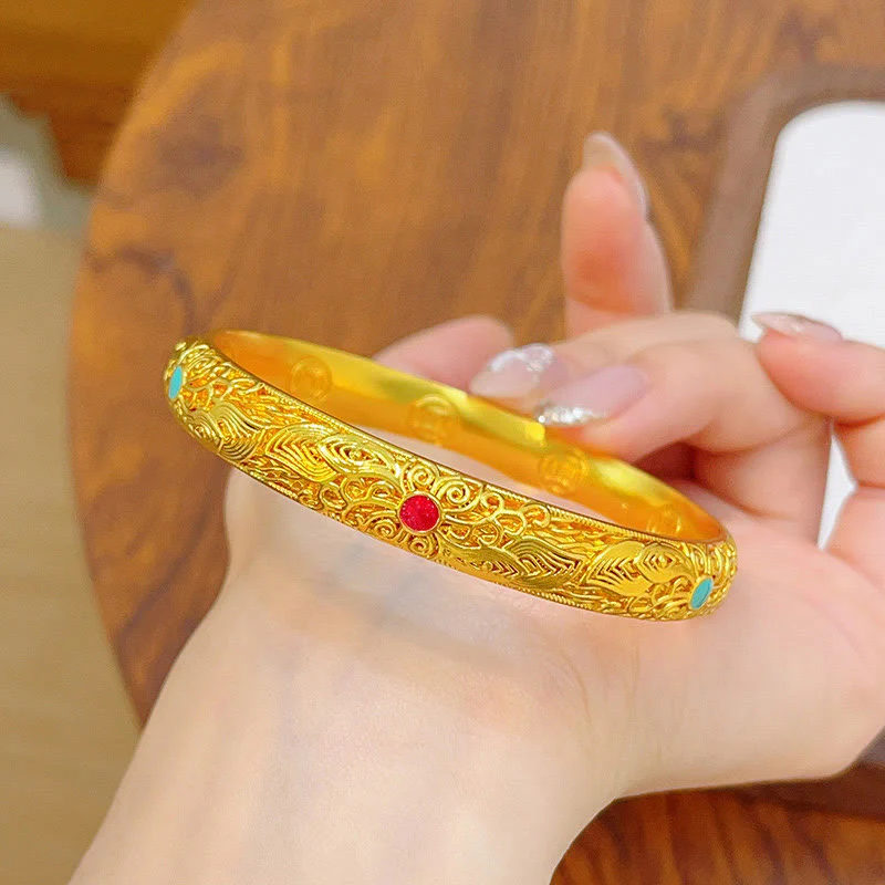 Buddha Stones Copper Plated Gold Flowers Leaves Luck Bracelet Bangle